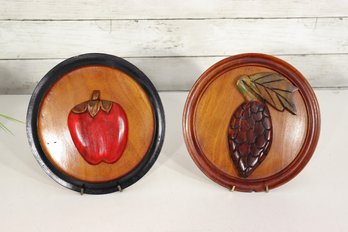 Set Of 2 Hand-Carved Wooden Wall Plaques  Apple & Pinecone Design  8.5' Round