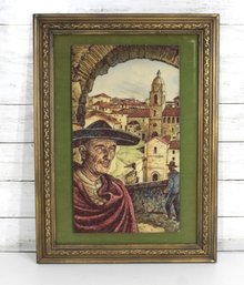 Vintage Artist Engraving  Spanish Village Scene  Todd Gallery Framed Relief Print  Mid-Century Wall Art