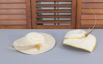#350-Vintage Womens Hat Lot (2)  Ivory Felt Hats W/ Feather Accents  Betmar & Ernie