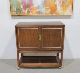 Mid-Century Modern Walnut Bar Cabinet / Server With Cane Shelf & Brass Casters  39' X 38' X 17'