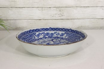 Vintage Toyo Japan Blue & White Porcelain Bowl  12' Round X 3'H  Peacock & Floral Design