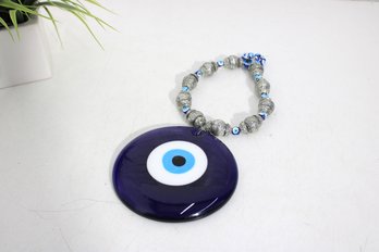 Evil Eye Glass Wall Hanging  Beaded Hamsa Charm With 5' Blue Disc  12 Long