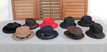 #351-Vintage Felt Hat Lot (9)  Fedora & Trilby Styles In Classic Colors
