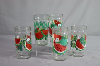 Set Of 5 Vintage Anchor Hocking 16 Oz Watermelon Jelly Jar Drinking Glasses