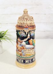 Vintage Original King German Stoneware Beer Stein #1000 With Figural Relief & Ornate Domed Lid – 11"