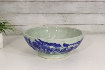Antique Royal Arms England Blue & White Transferware Bowl  11' Round X 4'H  Landscape Scene