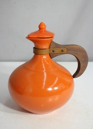 1of 2-Vintage Bauer Pottery Orange Ringware Carafe With Lid & Wood Handle  9'H