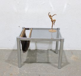 Modern Chrome & Glass Side Table With Magazine Rack  20.5' X 27.25' X 21'