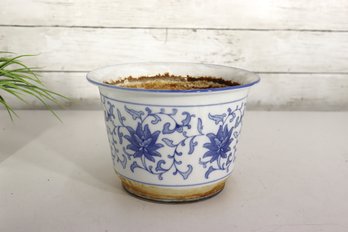Vintage Blue & White Ceramic Planter Pot  5.5'H X 8' Round  Floral Asian Motif