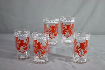 Set Of 5 Vintage Red Tulip Drinking Glass