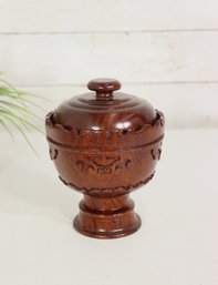Vintage Chinese Hand-Carved Wooden Lidded Bowl On Pedestal  Ornate Motif  6' H