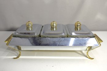Vintage 20' X 11' Triple Chafing Dish Set With Glass Inserts And Ornate Lids