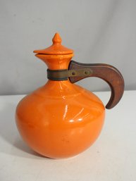 2/3-Vintage Bauer Pottery Orange Ringware Carafe With Lid & Wood Handle  9'H