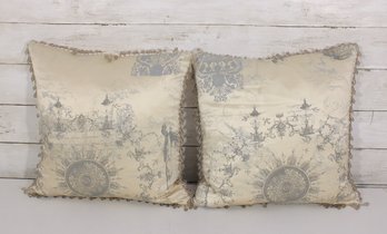 Pair Decorative Toile Throw Pillows W/ Fringe Trim  Cream & Blue Accent Cushions  13 X 13