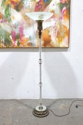 Antique Torchiere Floor Lamp With Glass Column & Hand-Painted Floral Glass Shade  67'H