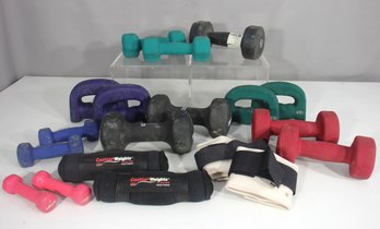Group Lot Of Mixed Dumbbells & Wrist Weights  Various Sizes & Colors