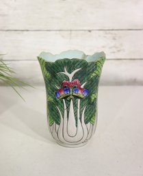 Vintage Hand-Painted Chinese Porcelain Vase  6'H  Leaf & Flower Motif With Scalloped Rim