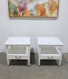 Pair Of Marble Top Nightstands / End Tables With Drawer  White Finish  23.25' H X 23' W X 23' D