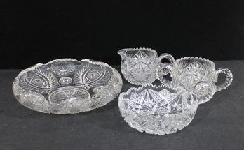Vintage Cut Glass Lot Bowls & Creamer Sugar Set Pressed Crystal Group