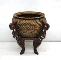 20' Tall Wicker Basket With Ornate Carved Wood Stand