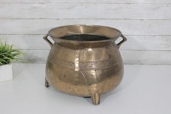 Vintage Brass Footed Planter Pot W/ Handles  Etched Decorative Vessel  11H  AS IS