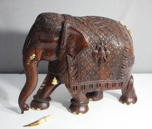 Hand-Carved Wooden Elephant With Ornate Detailing And Inlay  Decorative Sculpture