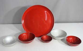 Vintage Mid-Century Modern Metal Serving Set  Red & Silver Enamelware