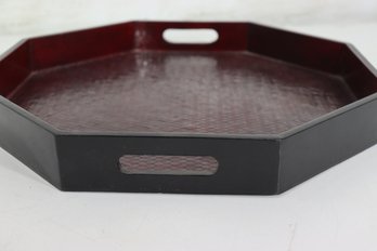 Octagon Lacquer Serving Tray  Deep Red & Black  Textured Woven Pattern  15' Wide