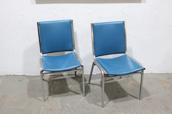 Pair Of Modern Metal Office / Side Chairs With Blue Vinyl Seats 34' X 19.25' X 16'