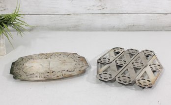 Vintage Expandable Metal Trivet & Ornate Folding Serving Tray  Decorative Kitchenware Lot