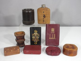 Group Lot Of Vintage Leather Boxes, Cigarette Holder & Flask