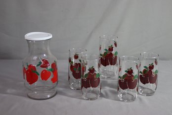 Vintage Anchor Hocking Checkered Apple Tumblers And Juice Jar
