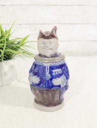 Vintage Figural Character Ceramic Beer Stein With Pewter Lid Cobalt Blue Glaze 8"