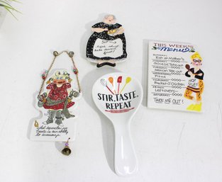 Whimsical Kitchen Decor Lot  Mud Pie Spoon Rest, Recipe Plaque & Hanging Wall Art