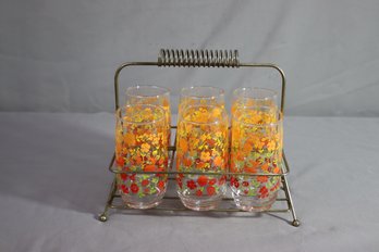 Set Of 6  Vtg Anchor Hocking Floral Juice Drinking Glasses Orange Red Yellow