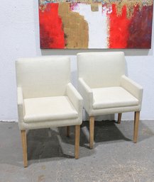 Pair Of Modern Upholstered Accent / Dining Chairs  Cream Fabric W/ Wood Legs