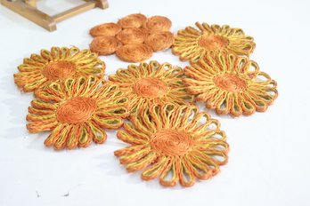 Vintage Handwoven Raffia Sunflower Coaster & Trivet Set  Rustic Boho Dcor
