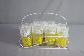 Set Of 8 Mid Century Tumbler Glasses, White Roses And Carrier