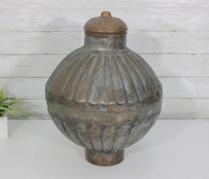 Large Rustic Lidded Metal Urn / Vessel  Ribbed Industrial Style Decorative Jar  17'H