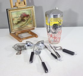Vintage Cocktail Bar Set With Paris-Themed Shaker & Accessories