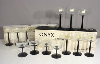 Set Of 12 Vintage J.G. Durand Onyx Stemware  6.5 & 5 Black Stem Goblets