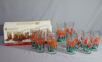 Set Of 10  Vintage 6' Tumblers Glasses Barware Red Roses Tulips 16 Oz Anchor Hocking