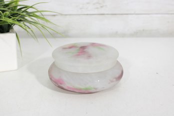 Vintage Frosted Art Glass Lidded Trinket Box 5'  Pink & Green Mottled Design-5' Diameter X 3' Height