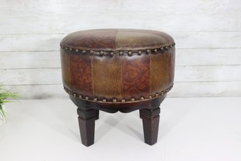 Vintage Round Leather Patchwork Footstool / Ottoman W/ Nailhead Trim  16' Round X 6'H