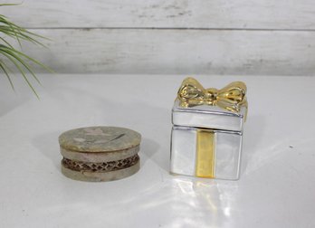 Decorative Trinket Box & Gift Box Candle Lot  Stone Inlay Round Box  Silver Tone Bow Jar
