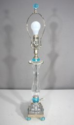 Elegant 30' Vintage Crystal & Aqua Glass Table Lamp  Hollywood Regency Style
