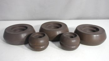 Set Of 5 Modernist Ceramic Candle Holders  Matte Brown Minimalist Design