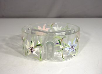 Signed Hand-Painted Glass Divided Dish  Floral Design, 2.5H X 6 Round