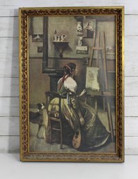 Vintage Framed Print The Artists Studio  Woman Painter With Dog  Antique Style Gold Frame