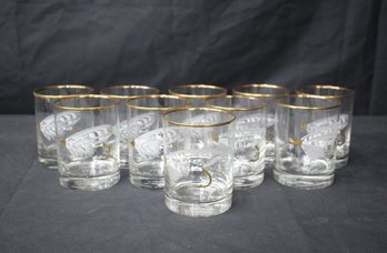 Set Of 10 Winnie Stanford Designs Inc. On The Rocks Glasses. Gold Rim With Painted Fly Fish Lure